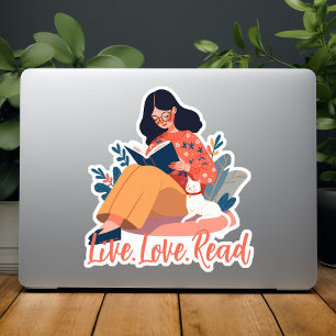 Cartoon Schattige Vrouw Leesboek met Cat Custom Sticker