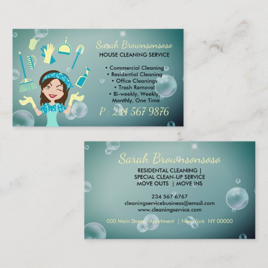 Cartoon Schattigee schoonmaakdienst voor het huis  Visitekaartje (Voorkant / Achterkant)