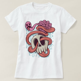 Cartoon schedel met brein en tong t-shirt
