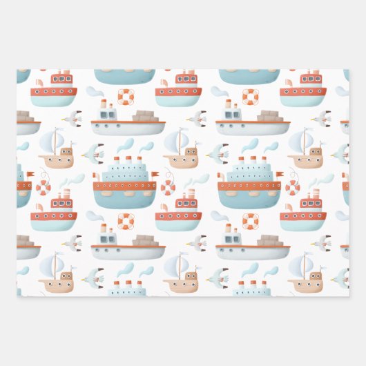 Cartoon Schepen en vogels op witte ontkoppeling Inpakpapier Vel (Voorkant 2)