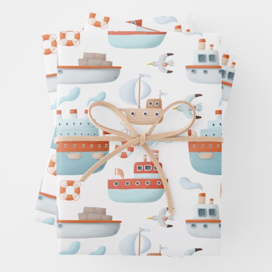 Cartoon Schepen en vogels op witte ontkoppeling Inpakpapier Vel (In situ)