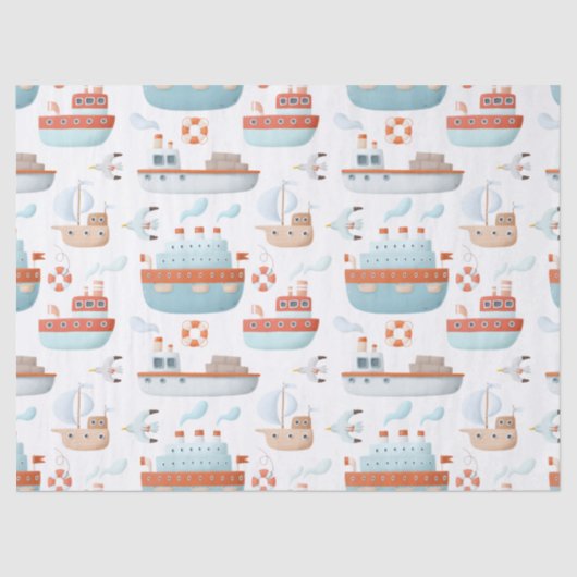 Cartoon Schepen en vogels op witte ontkoppeling Tissuepapier (Voorkant)