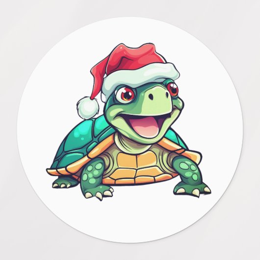 Cartoon schildpad, lachen, met kerstmuts labels (Design 2)