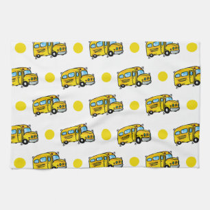Cartoon School Bus, Gele en Witte Polka Dots Theedoek