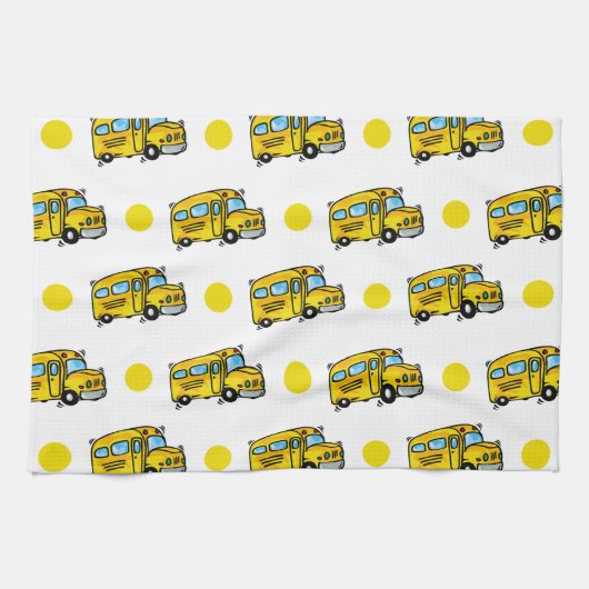 Cartoon School Bus, Gele en Witte Polka Dots Theedoek (Horizontaal)
