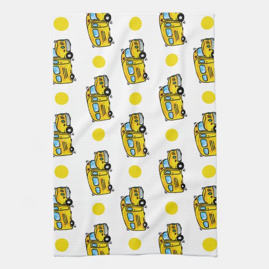 Cartoon School Bus, Gele en Witte Polka Dots Theedoek (Verticaal)