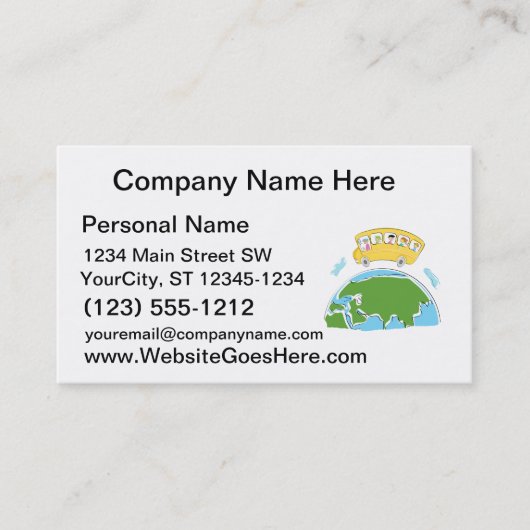 cartoon schoolbus op aarde - wereldbol.png visitekaartje (Voorkant)