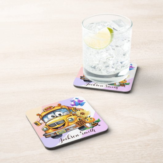 Cartoon schoolbuschauffeur Blijf veilig gepersonal Bier Onderzetter (Rechterzijde)