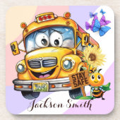 Cartoon schoolbuschauffeur Blijf veilig gepersonal Bier Onderzetter (Voorkant)