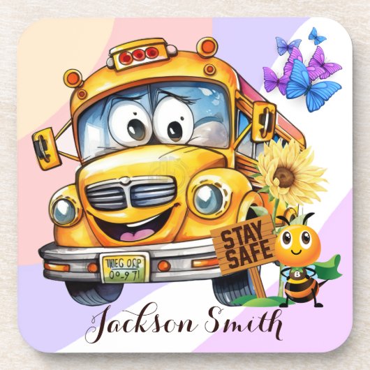 Cartoon schoolbuschauffeur Blijf veilig gepersonal Bier Onderzetter (Voorkant)