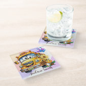 Cartoon schoolbuschauffeur Blijf veilig gepersonal Glazen Onderzetter (Schuin)