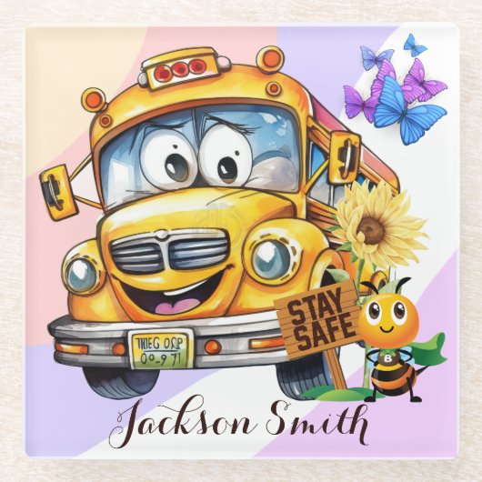 Cartoon schoolbuschauffeur Blijf veilig gepersonal Glazen Onderzetter (Voorkant)