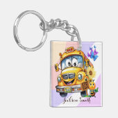 Cartoon schoolbuschauffeur Blijf veilig gepersonal Sleutelhanger (Voorkant Links)