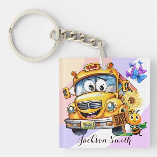 Cartoon schoolbuschauffeur Blijf veilig gepersonal Sleutelhanger (Voorkant)
