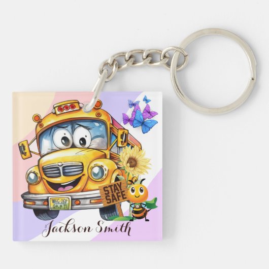 Cartoon schoolbuschauffeur Blijf veilig gepersonal Sleutelhanger (Achterkant)