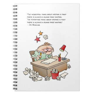 Cartoon schrijver blokkeren met grappig citaat notitieboek