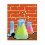 Cartoon Science experimenten Fotobeeldje Magneet<br><div class="desc">Cartoon Science experimenten. Beproevingsbuizen en glazen kolven vóór een bakstenen wand op een houten bank.</div>