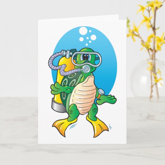 Cartoon Scuba Turtle Kaart (Gele Bloem)