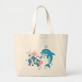 Cartoon Seacow en Dolfijnentas Grote Tote Bag