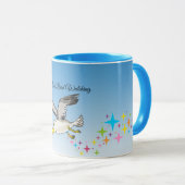 Cartoon seagull vliegt over kop met een blauwe luc (Voorkant rechts)