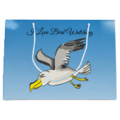 Cartoon seagull vliegt over kop met een blauwe luc large cadeautasje (Voorkant)
