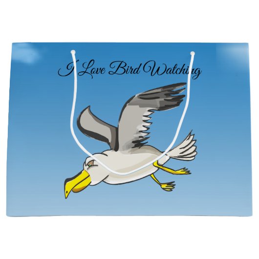Cartoon seagull vliegt over kop met een blauwe luc large cadeautasje (Voorkant)