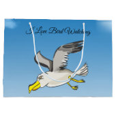 Cartoon seagull vliegt over kop met een blauwe luc large cadeautasje (Achterkant)