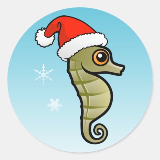 Cartoon Seahorse Santa Ronde Sticker (Voorkant)