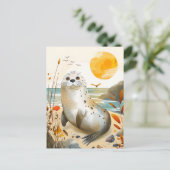 Cartoon Seal Ontspannen op Rock Briefkaart (Staand voorkant)