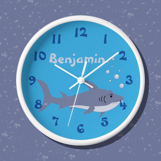 Cartoon Shark Blue Nursery Room Wall klok