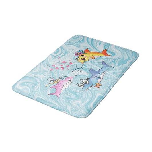 Cartoon Shark Family Blue Waves Badmat (Gekanteld)