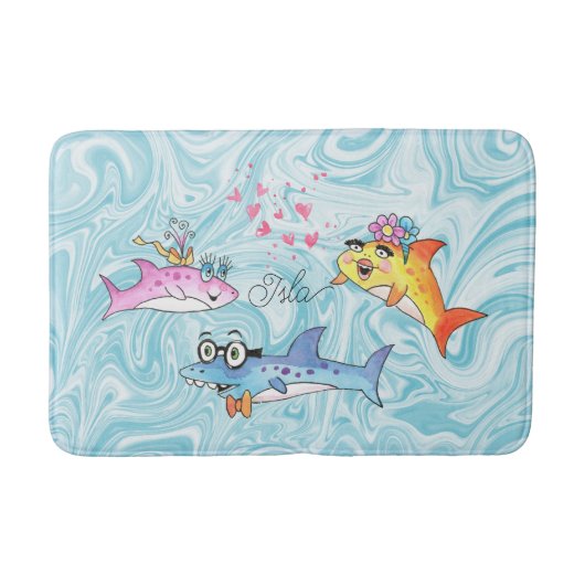 Cartoon Shark Family Blue Waves Badmat (Voorkant)