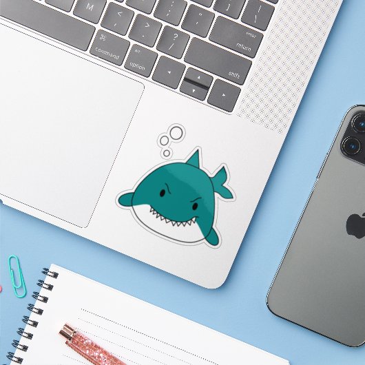 Cartoon Shark Sticker (Laptop met iPhone)
