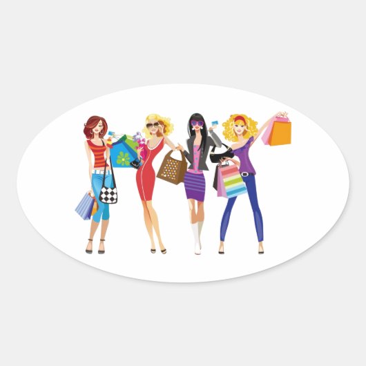 CARTOON SHOPPING GIRLS VECTORS MODE STIJL FUN F OVALE STICKER (Voorkant)