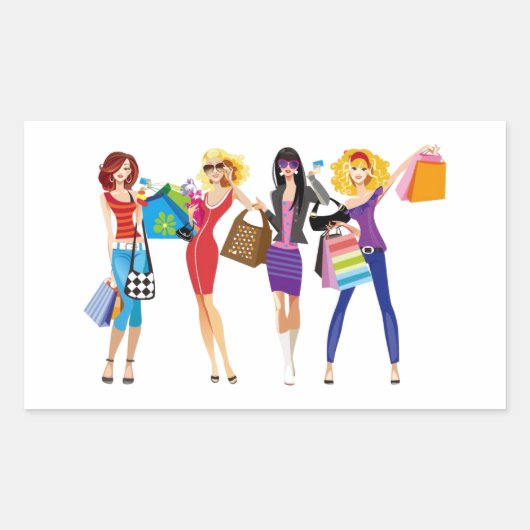 CARTOON SHOPPING GIRLS VECTORS MODE STIJL FUN F RECHTHOEKIGE STICKER (Voorkant)