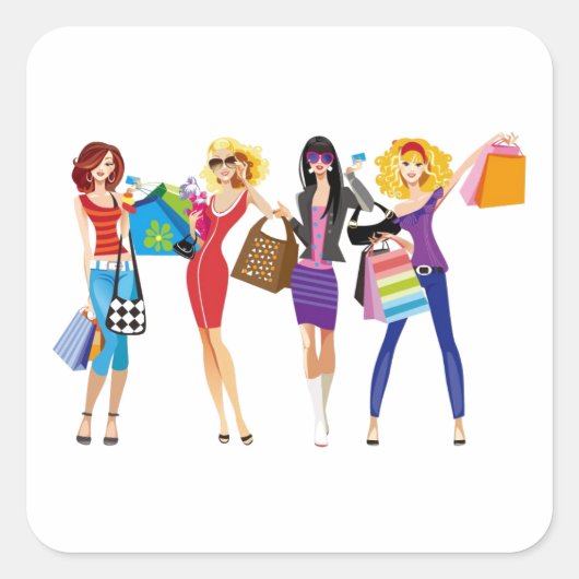 CARTOON SHOPPING GIRLS VECTORS MODE STIJL FUN F VIERKANTE STICKER (Voorkant)