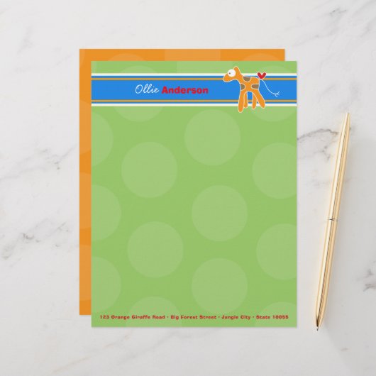 Cartoon Sinaasappel Giraffe Groene Stippen Kind Ki Gepersonaliseerd Briefhoofd (Voorkant / Achterkant in situ)
