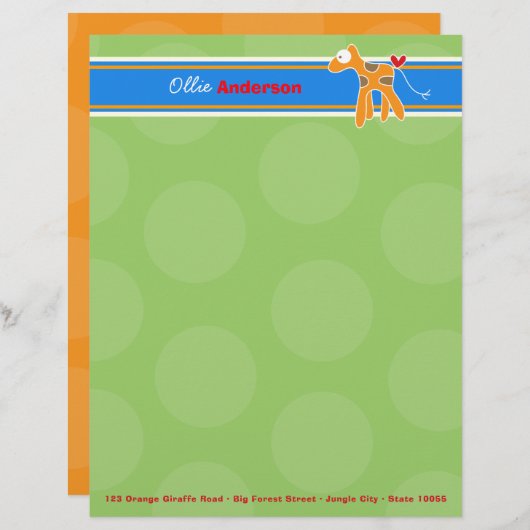Cartoon Sinaasappel Giraffe Groene Stippen Kind Ki Gepersonaliseerd Briefhoofd (Voorkant / Achterkant)
