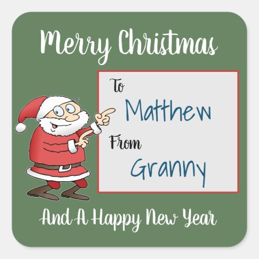 Cartoon Sinterklaas wijst op naam ontvanger Vierkante Sticker (Voorkant)