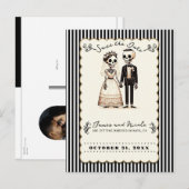 Cartoon Skelet Bruid + bruidegom Save the Date Aankondigingskaart (Voorkant / Achterkant)