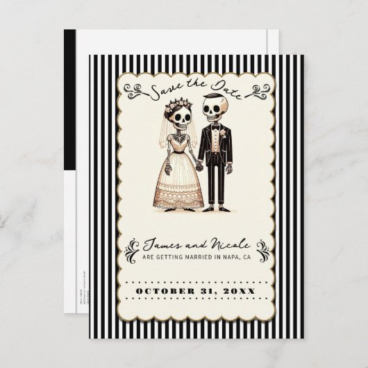 Cartoon Skelet Bruid + bruidegom Save the Date Aankondigingskaart (Voorkant / Achterkant)