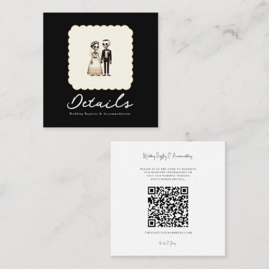 Cartoon Skelet Bruid + bruidegom Trouwgegevens Vierkante Visitekaartje (Voorkant / Achterkant)