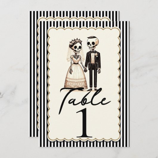 Cartoon skelet bruid bruidegom trouwtafel nummer kaart (Voorkant / Achterkant)