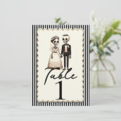 Cartoon skelet bruid bruidegom trouwtafel nummer kaart (Staand voorkant)