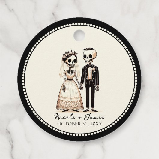 Cartoon Skelet Bruid + bruidegom Whimsical Bruilof Bedankjes Labels (Achterkant)