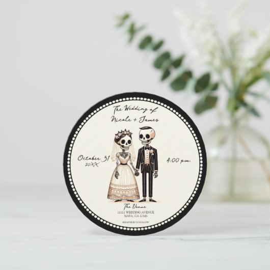 Cartoon Skelet Bruid + bruidegom Whimsical Bruilof Kaart (Staand voorkant)