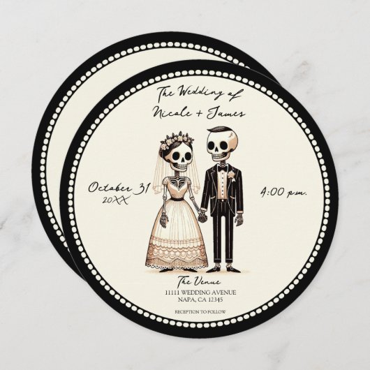 Cartoon Skelet Bruid + bruidegom Whimsical Bruilof Kaart (Voorkant / Achterkant)