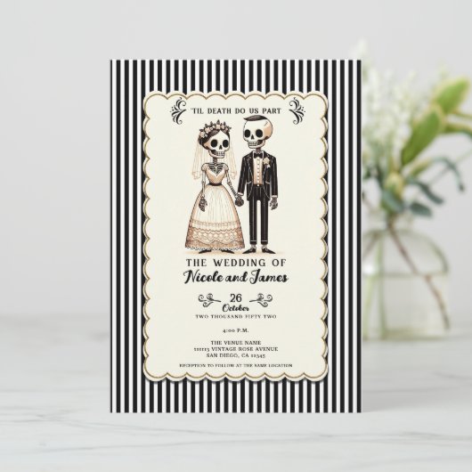 Cartoon Skelet Bruid + bruidegom Whimsical Bruilof Kaart (Staand voorkant)