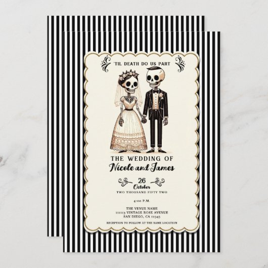 Cartoon Skelet Bruid + bruidegom Whimsical Bruilof Kaart (Voorkant / Achterkant)