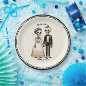 Cartoon Skelet Bruid + bruidegom Whimsical Bruilof Papieren Bordje (Feest)